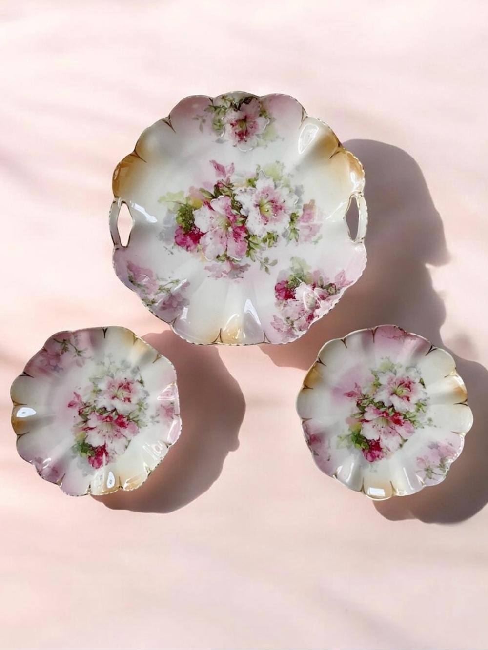 Antique Victoria Austria Floral Porcelain Plate Trio Pink Gold Handled Plate